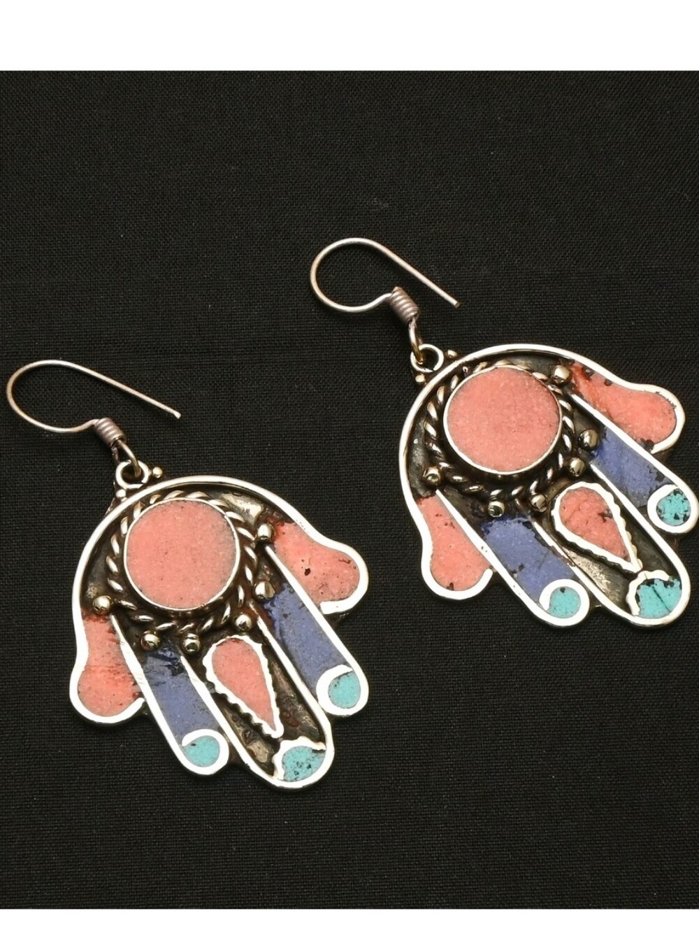 New 925 Silver Lapis Lazuli, Red Coral & Turquoise Hamsa Hand Earrings.
